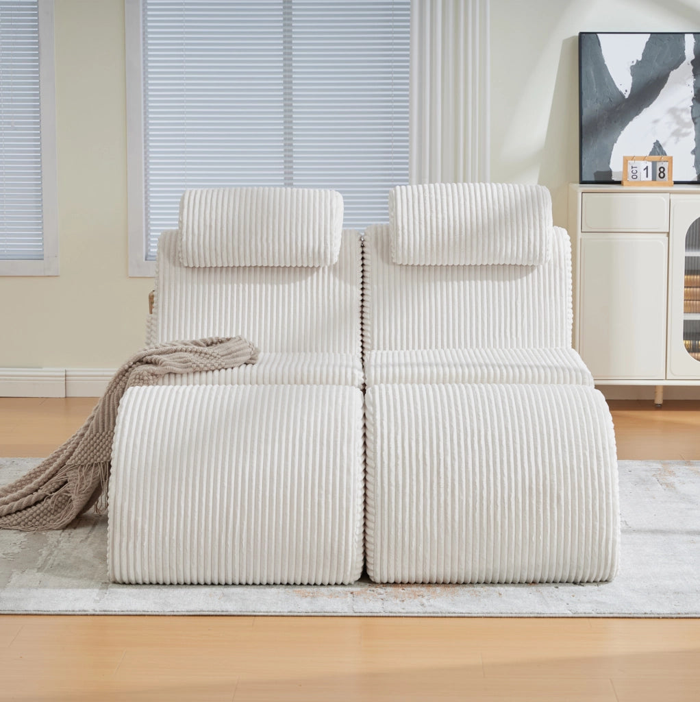 Poltrona ergonomica in velluto a coste con cuscino removibile e tasca laterale; beige; 160x66x90 cm
