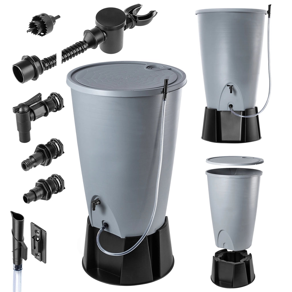 Serbatoio per acqua piovana KADAX 260L, kit di collegamento per barile d'acqua, base per rubinetto