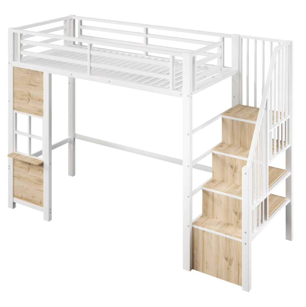 Letto a soppalco con scala contenitore e area inferiore aperta