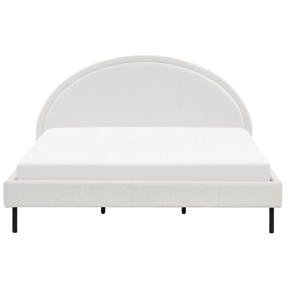 Letto matrimoniale in poliestere bouclè bianco imbottito con base a doghe e testiera rotonda 180 x 200 cm minimalista retrò