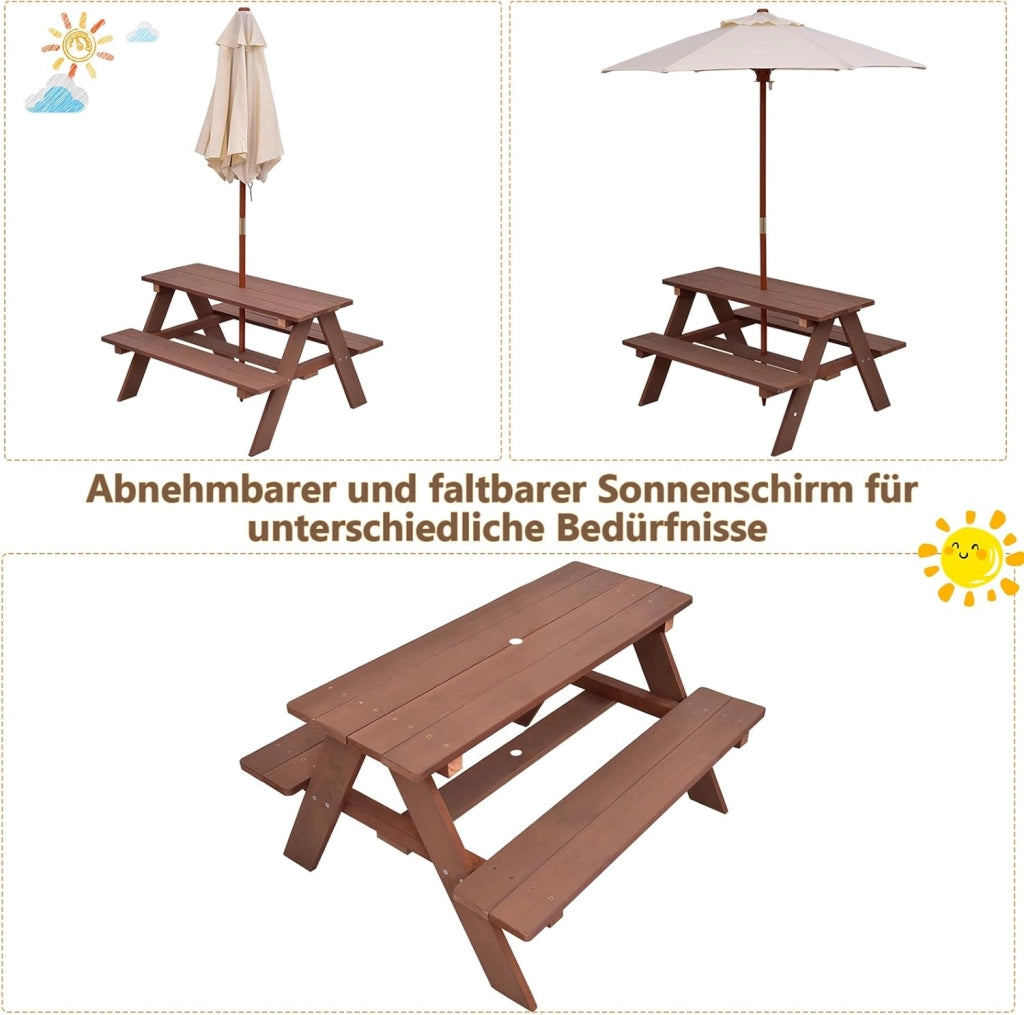 Set di mobili da giardino in legno per bambini, con ombrellone, tavolo da picnic per bambini con protezione UV e impermeabile, tavolo da giardino e panca, set di mobili da giardino per esterni