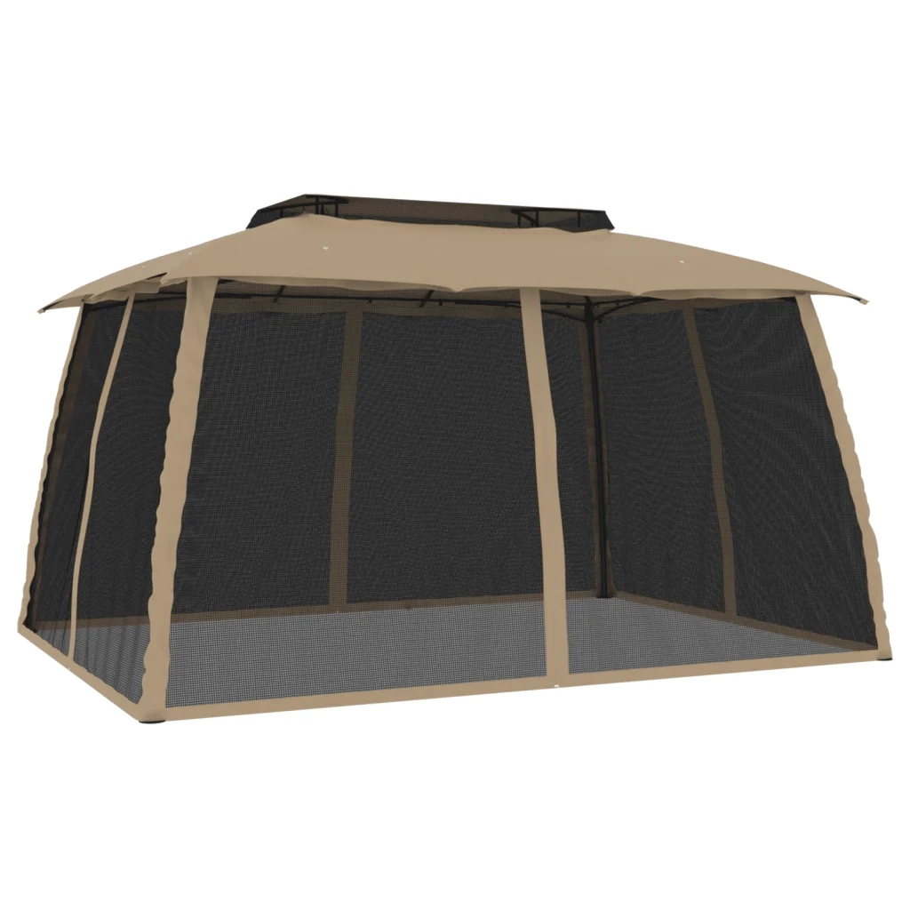Gazebo con Tetto Doppio/Pareti Rete Tortora 3,93x2,93 m Acciaio