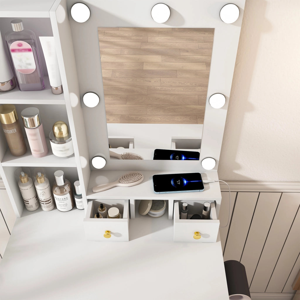 Toeletta con specchio LED, presa integrata, portaphon, cassetti e sgabello imbottito bianca