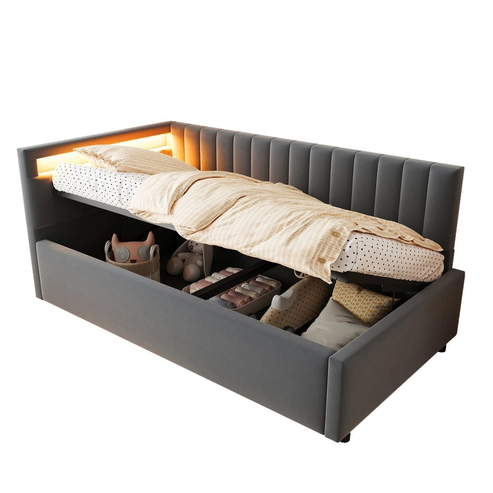 Letto Imbottito Contenitore con LED ¨C MINIMAL ¨C Velluto Grigio 90x200, Idraulico, Doghe