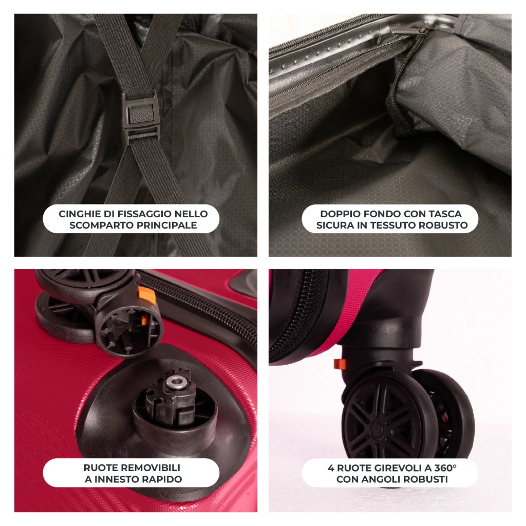 Trolley Bagaglio Mano Rigido 54x33x22 Piccolo Ultraleggero Valigia In Abs Con 4 Ruote Rimovibili Manico Chiusura Di Sicurezza Per Compagnie Low Cost Economy Zaino Da Viaggio Fuxia