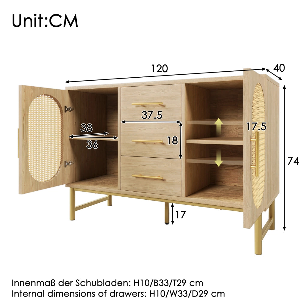 Credenza con 2 Ante in Effetto Rattan e 3 Cassetti; Ripiano Regolabile; 120??40??74 cm; Rovere Sonoma