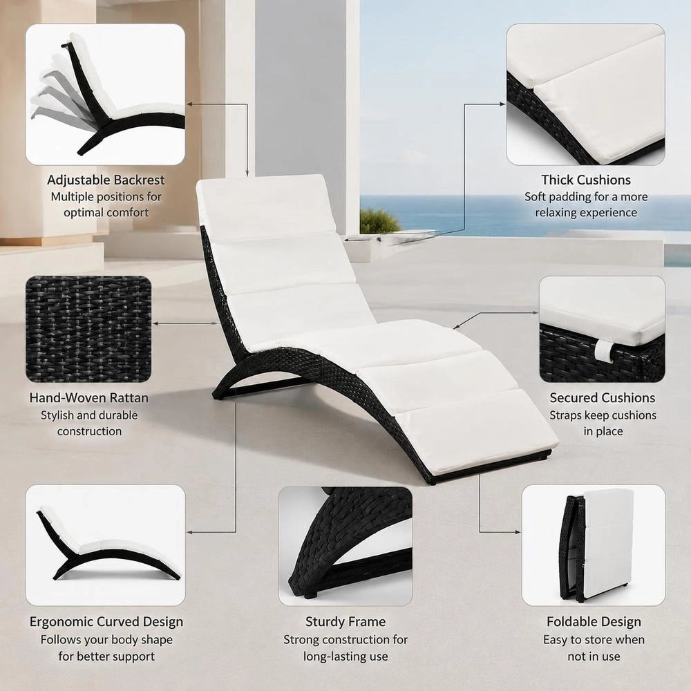 Folding Sun Lounger With Cushion, Poly Rattan, Black