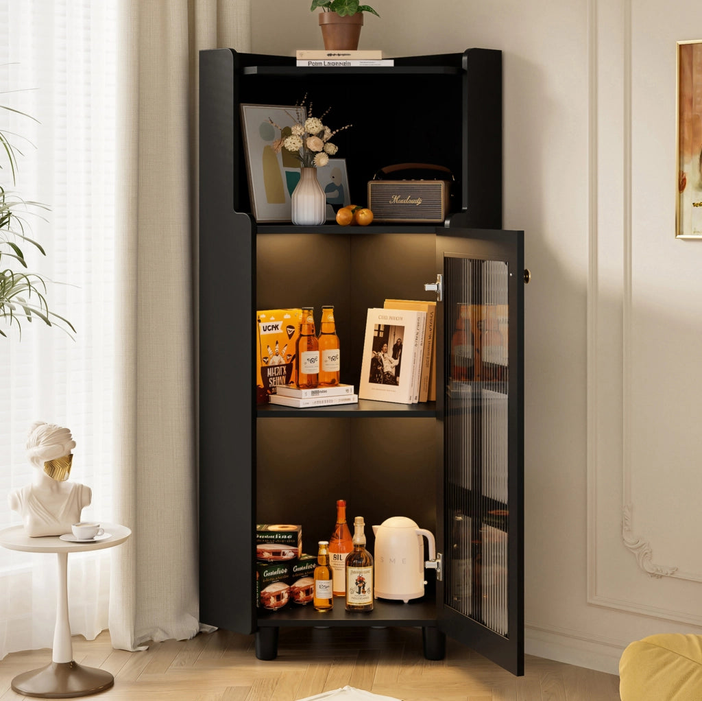 Mobile angolare con illuminazione LED APP; finitura laccata nera; in MDF; 63;5 x 124 cm