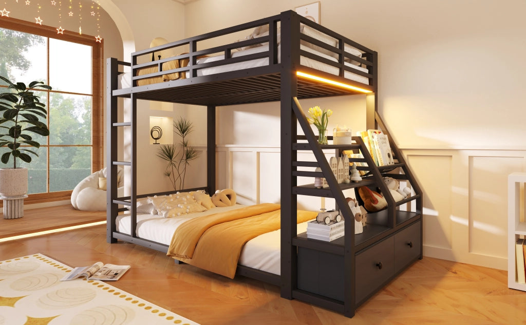 DESMIU Letto a castello 2 posti 90 × 200 cm con LED, 2 cassetti in tessuto e ripiani, senza materasso, nero