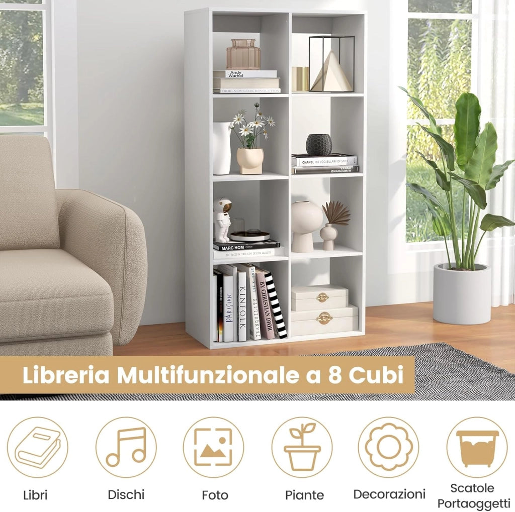 Libreria a 8 Cubi, Scaffale con Sbarra di Protezione Posteriore e Kit Anti-Ribaltamento, Organizer a 4 Livelli Autonomo con Ripiani per Soggiorno, Camera da Letto, Studio, 69,5 x 33 x 137 cm