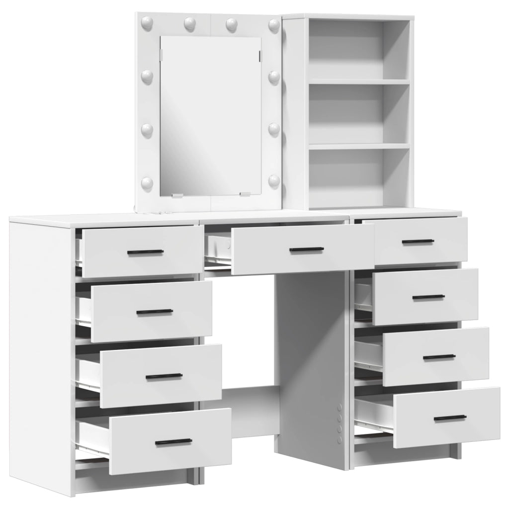Set da Toeletta a 3 Pezzi con LED in Legno Ingegnerizzato Bianco