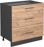 Mobiletto base per cucina Fame-Line, Quercia dorata, 80 cm con 3 cassetti, senza piano di lavoro, per la combinazione con altri moduli della serie Fame-Line