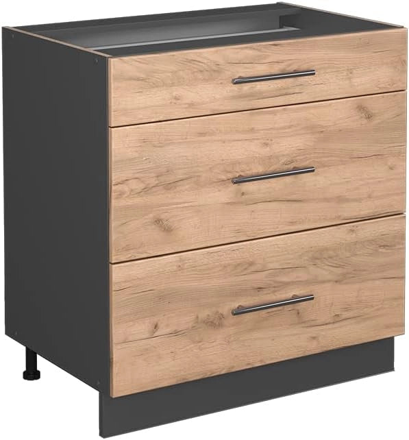 Mobiletto base per cucina Fame-Line, Quercia dorata, 80 cm con 3 cassetti, senza piano di lavoro, per la combinazione con altri moduli della serie Fame-Line