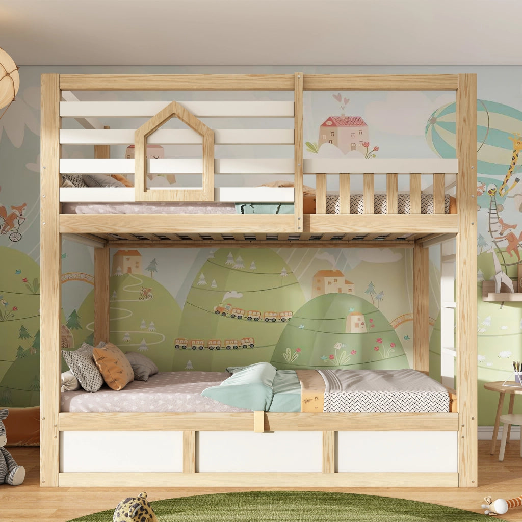 LETTO a castello 90x200 cm stile casetta bianco e rovere con scala dritta