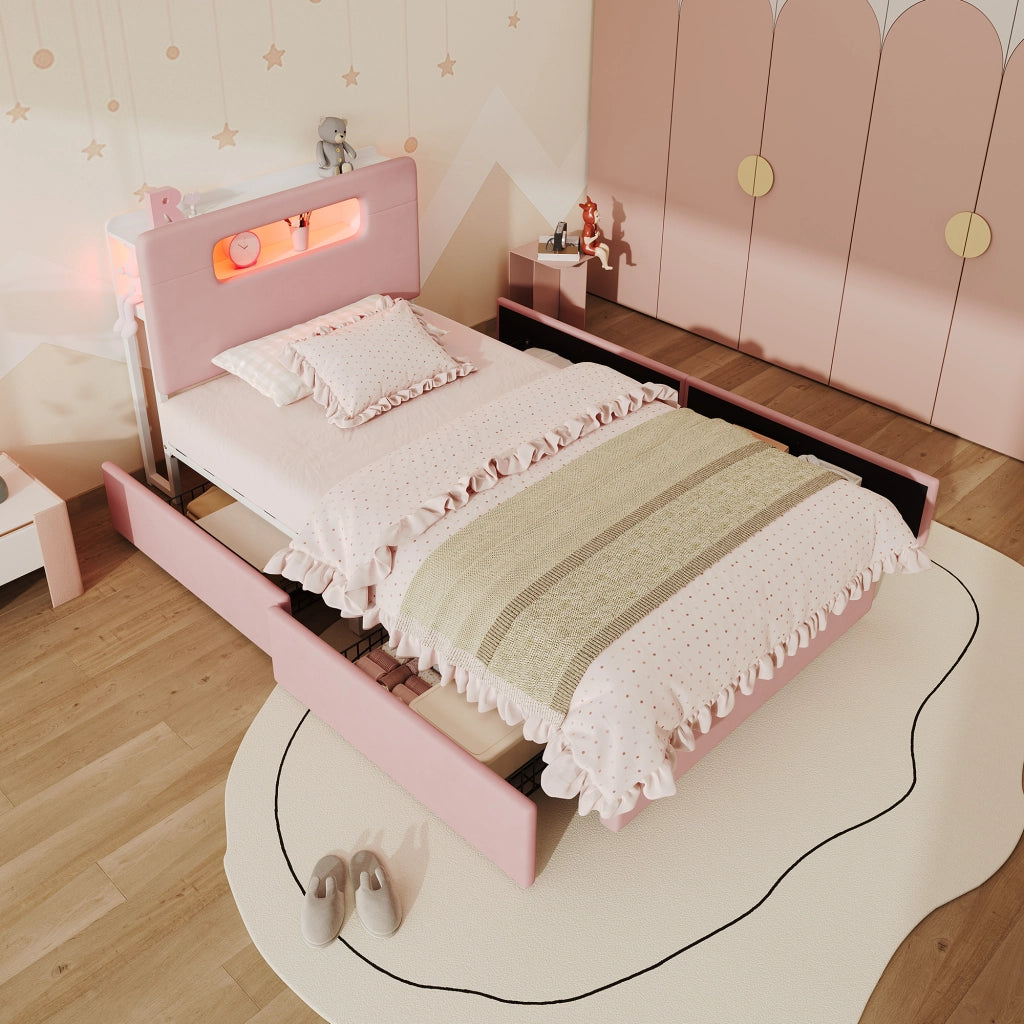 Letto imbottito rosa 90x200 cm con quattro cassetti laterali; velluto