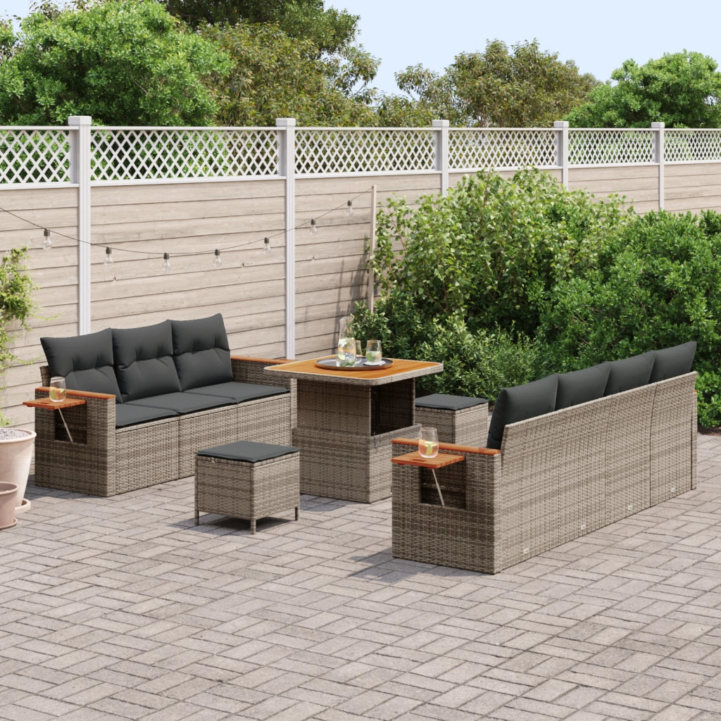 Set di Divani da Giardino a 10 Pezzi con Cuscini Grigio Polyrattan Acacia
