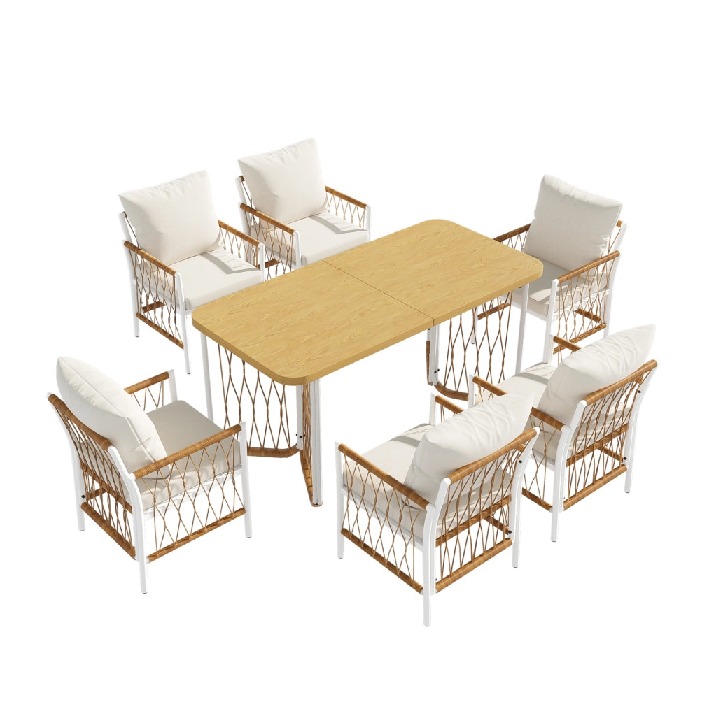 Set da pranzo da giardino 1 tavolo e 6 sedie; struttura in ferro; beige e marrone naturale