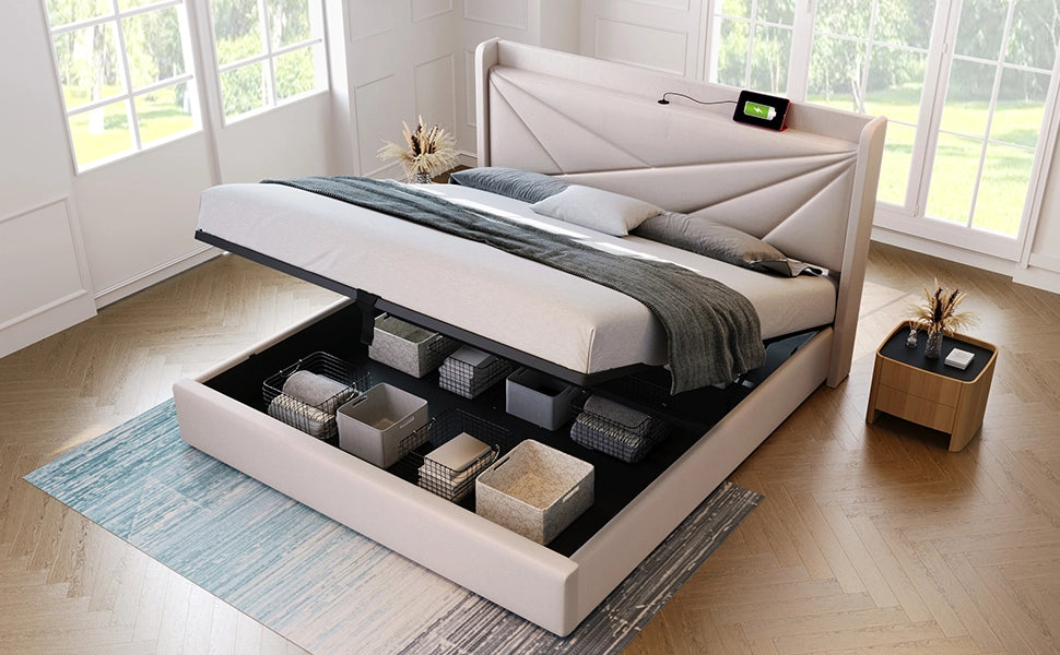 DESMIU Letto contenitore 160 × 200 cm 2 posti con USB, Type-C e spazio contenitore, senza materasso, in cotone lino beige