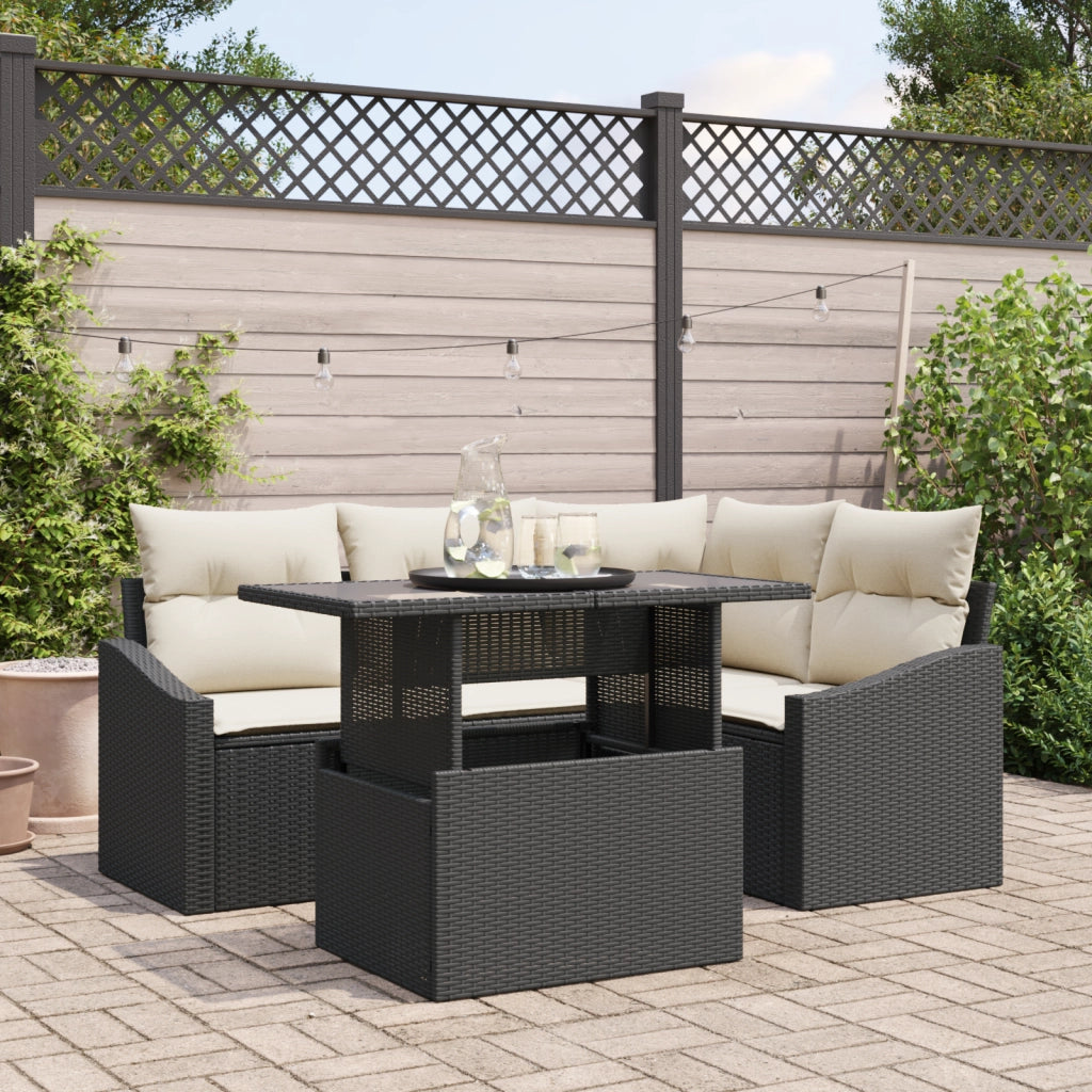 Set da Giardino 5 Pezzi con Cuscini in Polyrattan Nero