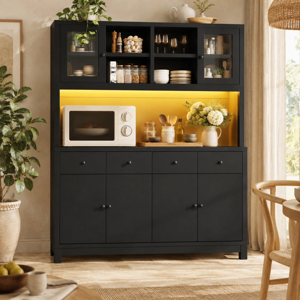 Credenza alta da cucina 140x38,5x180 cm con LED RGB, ante in vetro e 4 cassetti nera HAVRYA