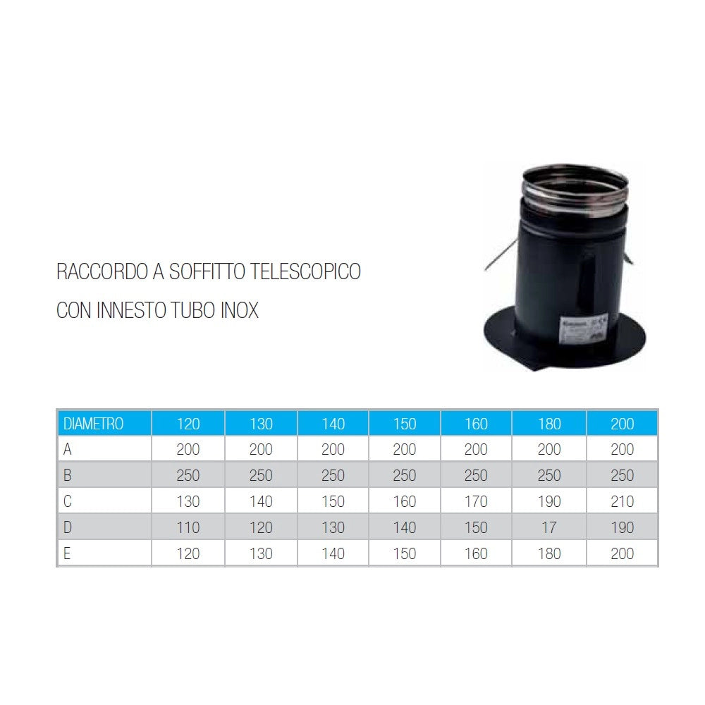 Raccordo a soffitto telescopico da 160mm con innesto per tubo inox per stufa a legna