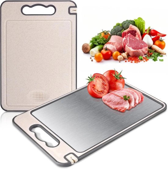Piatto di Tagliamento Bifacciale - 304 Acciaio Inox e Piatto di Tagliamento con Erba di Coco - Piatto di Tagliamento Robusto e Sostenibile per Carne - Verdure - Frutta - Pane