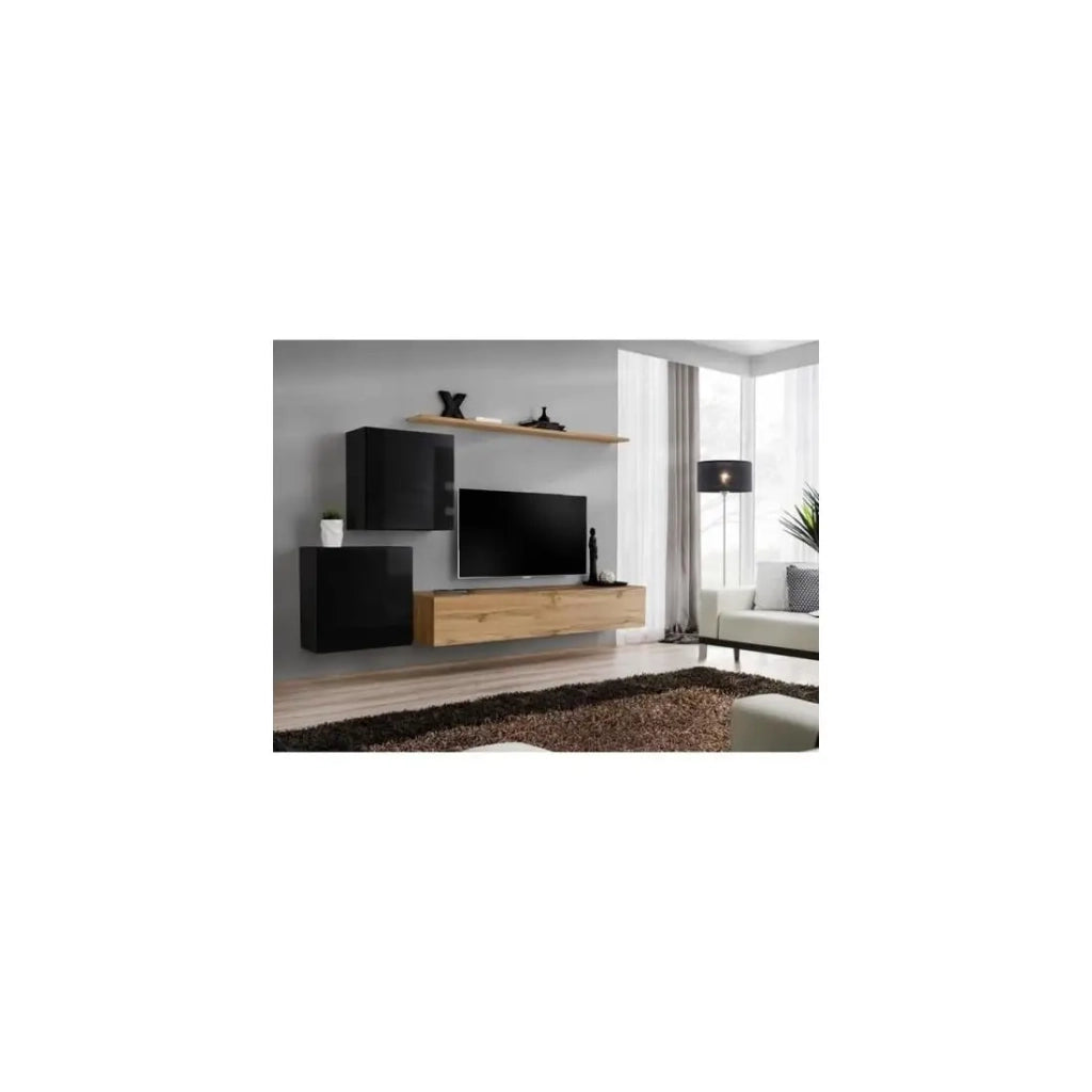 Set di mobili per soggiorno SWITCH V design, colore quercia Wotan e nero lucido.