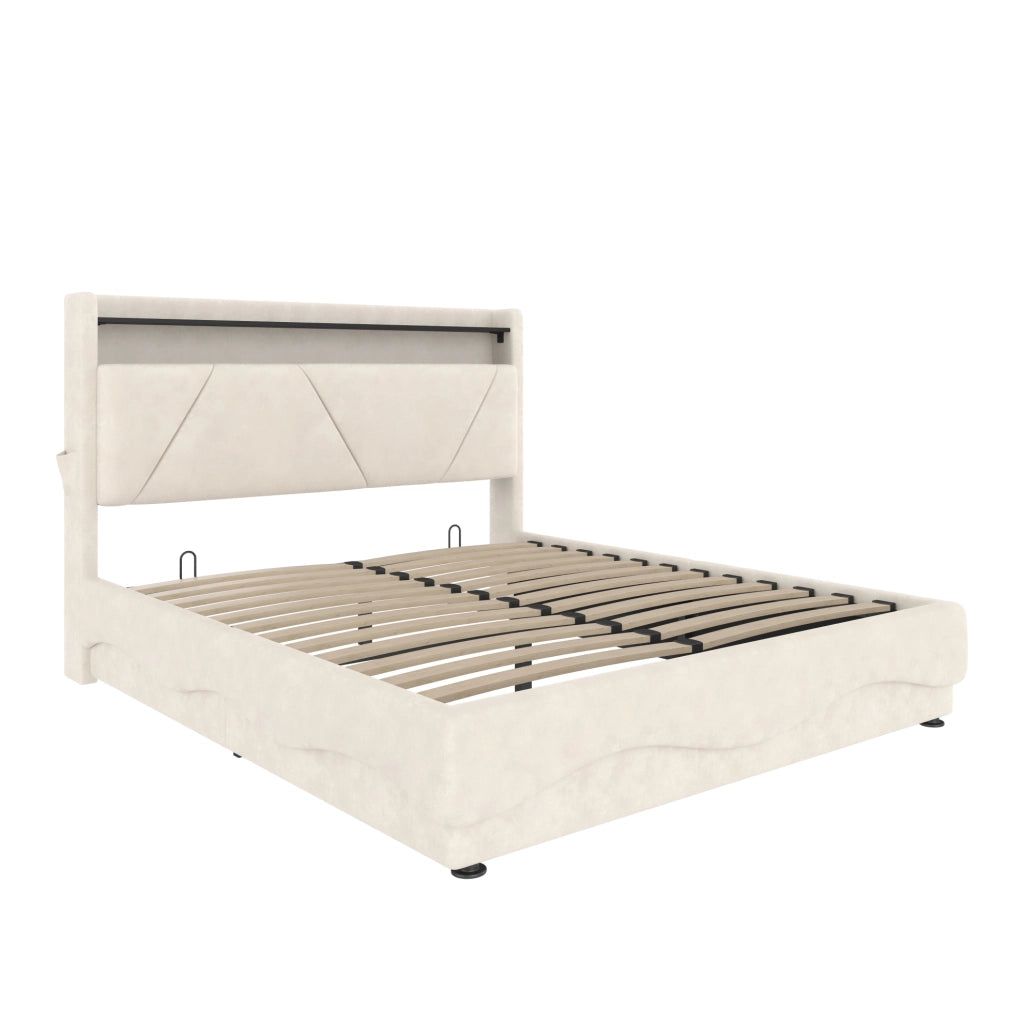 Letto matrimoniale 160x200 cm in velluto beige con LED e USB