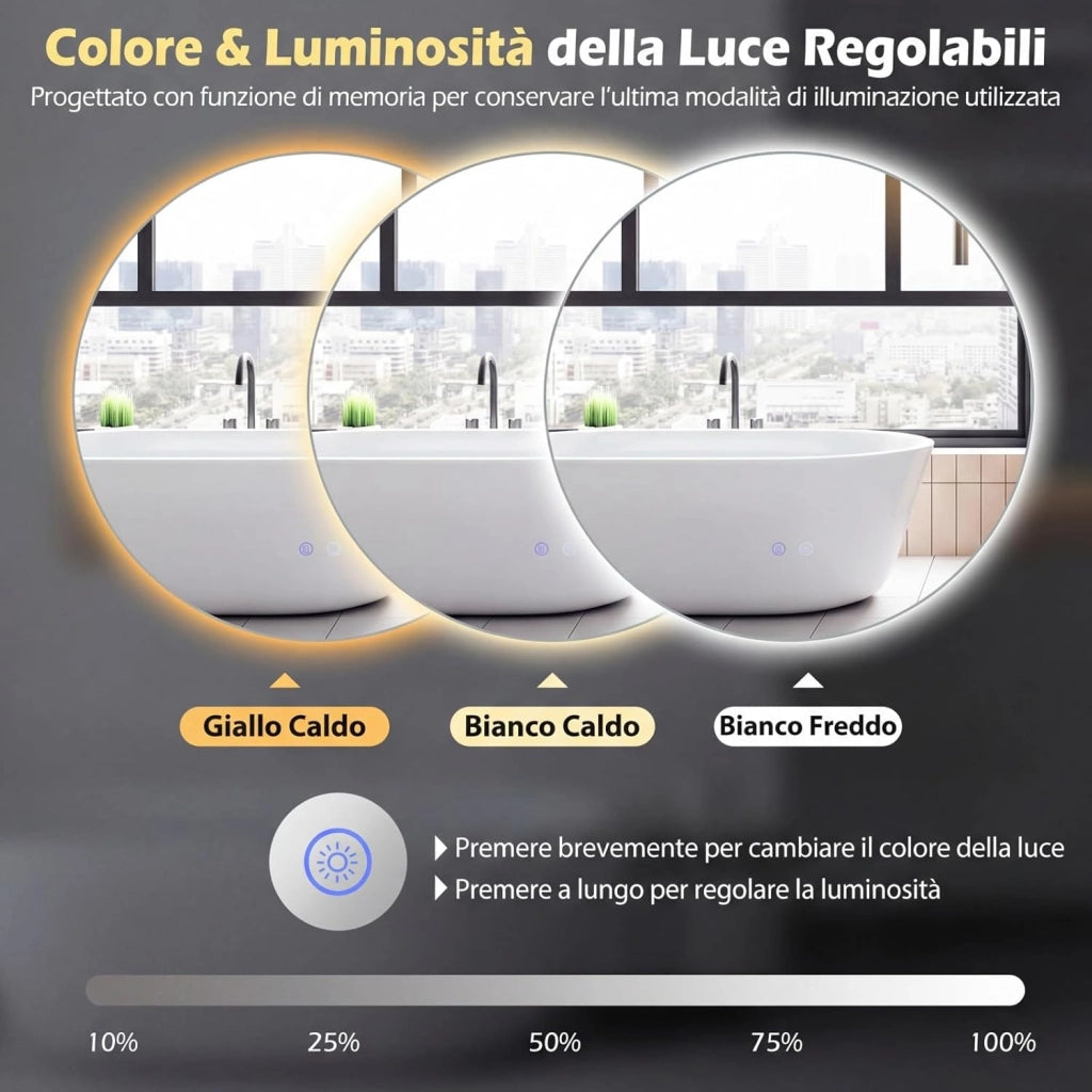 Specchio Rotondo LED da 70 cm, Specchio da Bagno da Parete con Luminosità Regolabile, Retroilluminato Morbido, Vetro Temperato con Funzione Memoria e Anti-Appannamento (70 cm x 3 cm)