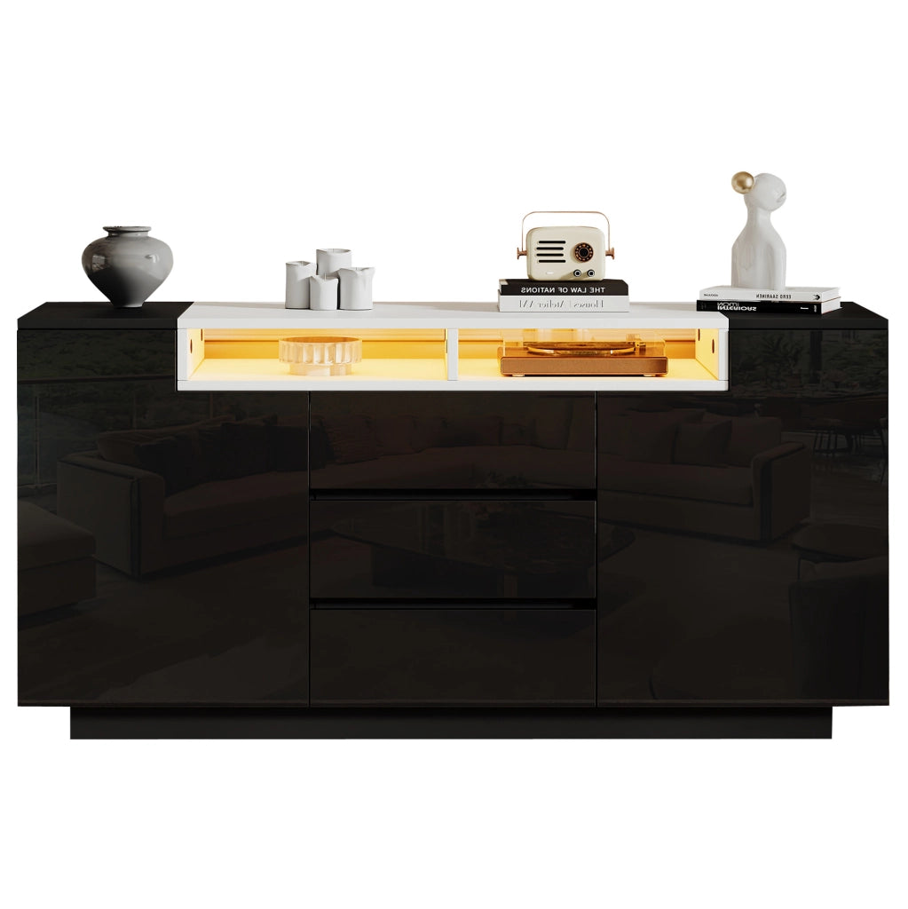 Credenza ULEVR 140x40x68 cm con 2 ante, 3 cassetti, ripiani semiaperti e LED, nero lucido