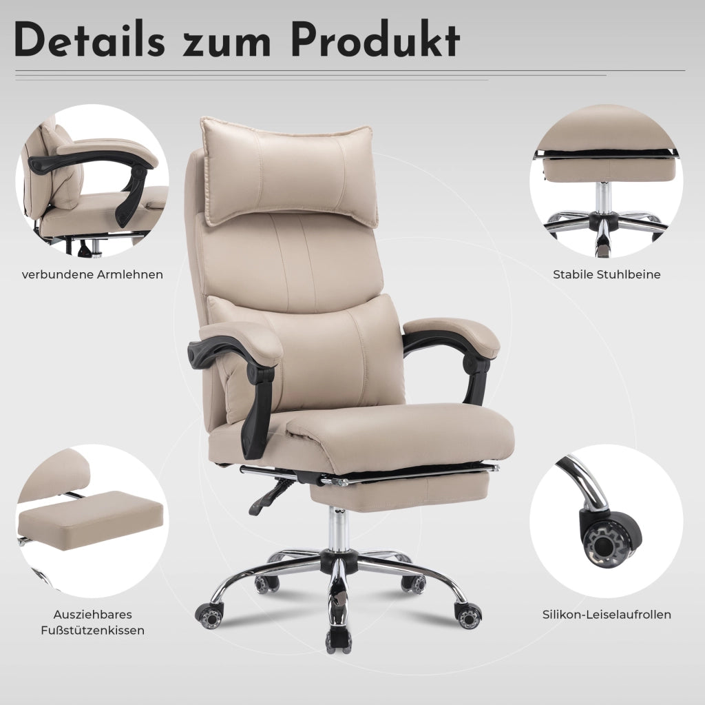 Sedia da ufficio ergonomica in tessuto tecnico beige; reclinabile; con supporto lombare e poggiapiedi
