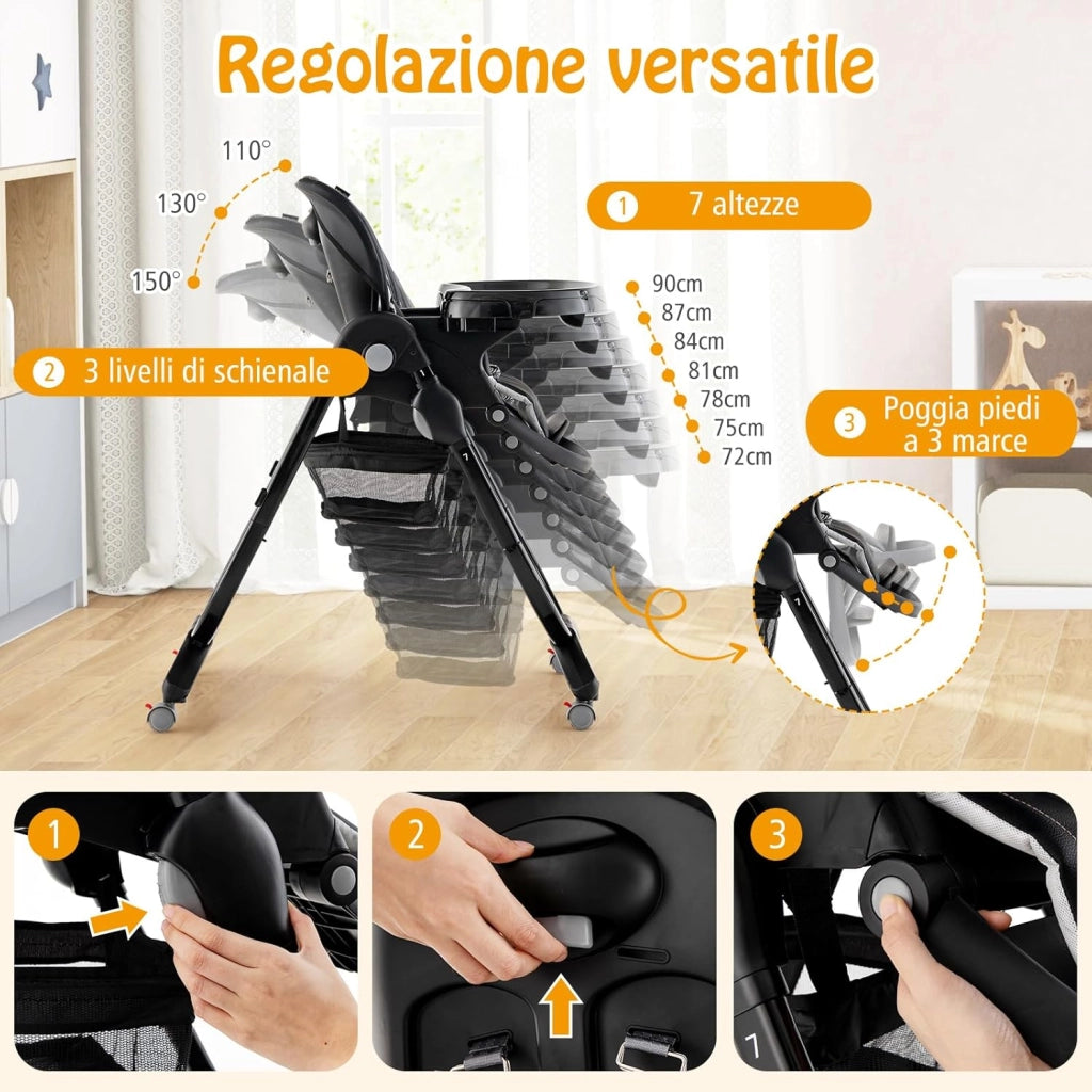 Seggiolone Pappa Bambini Pieghevole, Altezza Regolabile (Nero) | Seggiolone Multifunzione con 4 Ruote, Poggiapiedi e Schienale, Vassoio Rimovibile, per 6-36 Mesi, Fino a 15 kg