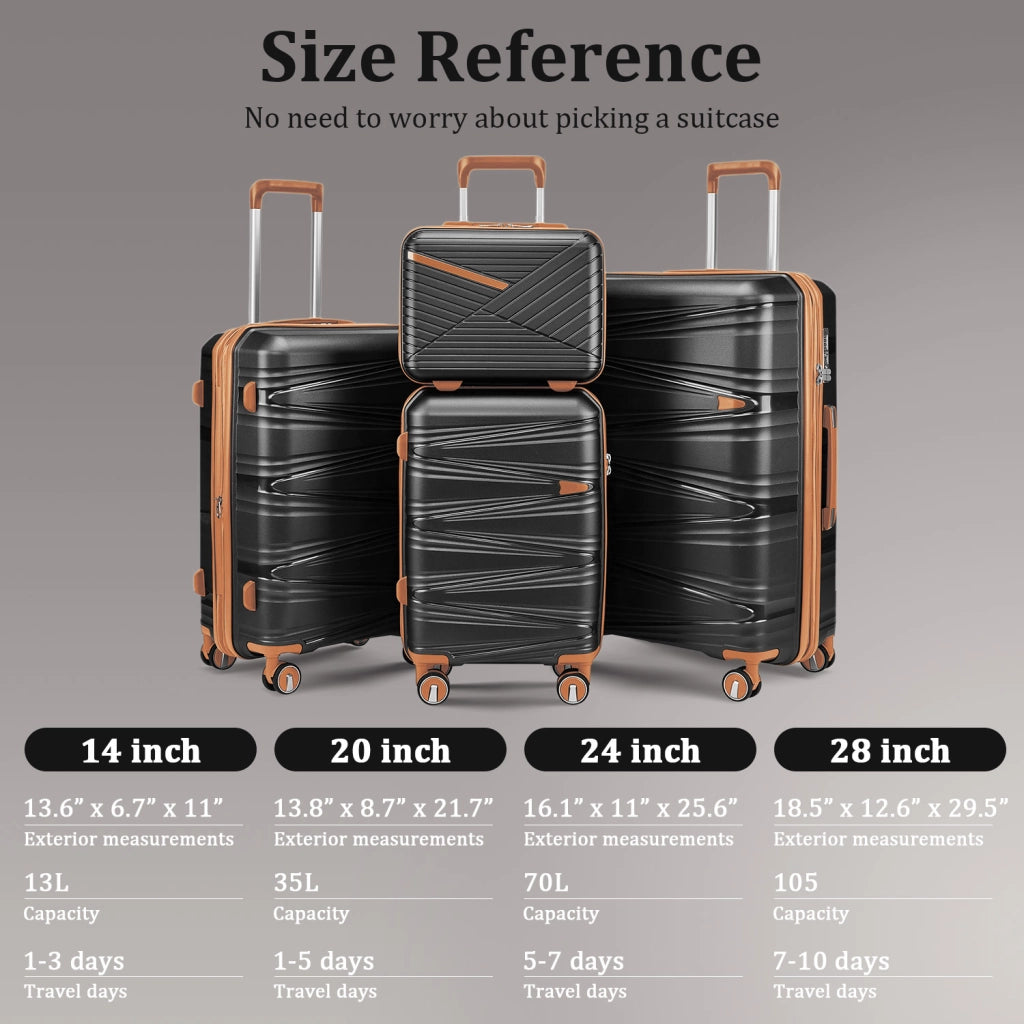 Set di valigie rigide in PP composto da 4 pezzi (20/24/28 pollici), con beauty case da 14", ruote rimovibili per risparmiare spazio e lucchetto a