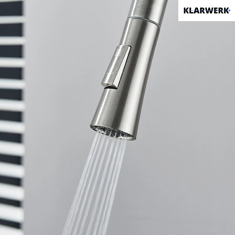 JANA | Rubinetto da cucina estensibile Premium in acciaio inox argento spazzolato | Rubinetto miscelatore ad alta pressione girevole a 360° 2 attacchi