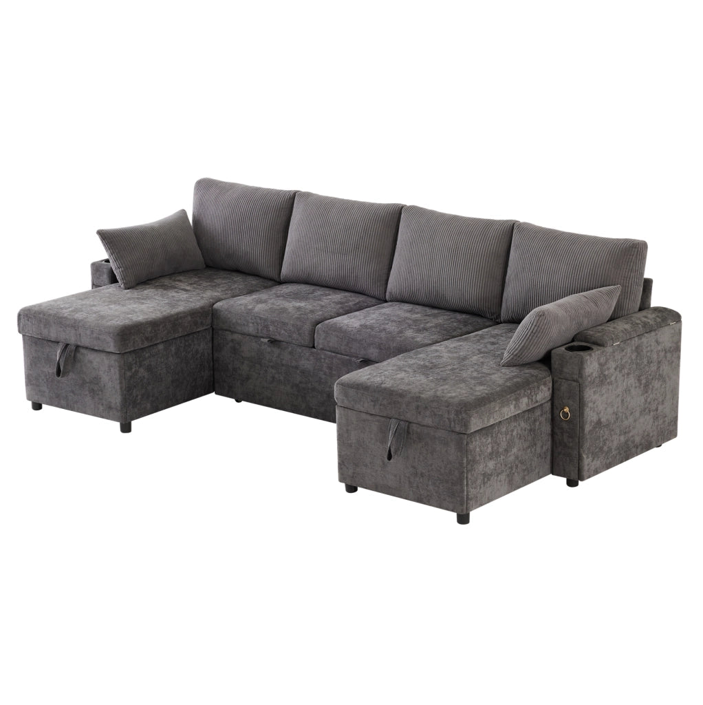Divano letto modulare a U; 4 posti; con contenitore e portabicchieri; 272 x 131 x 84 cm; grigio