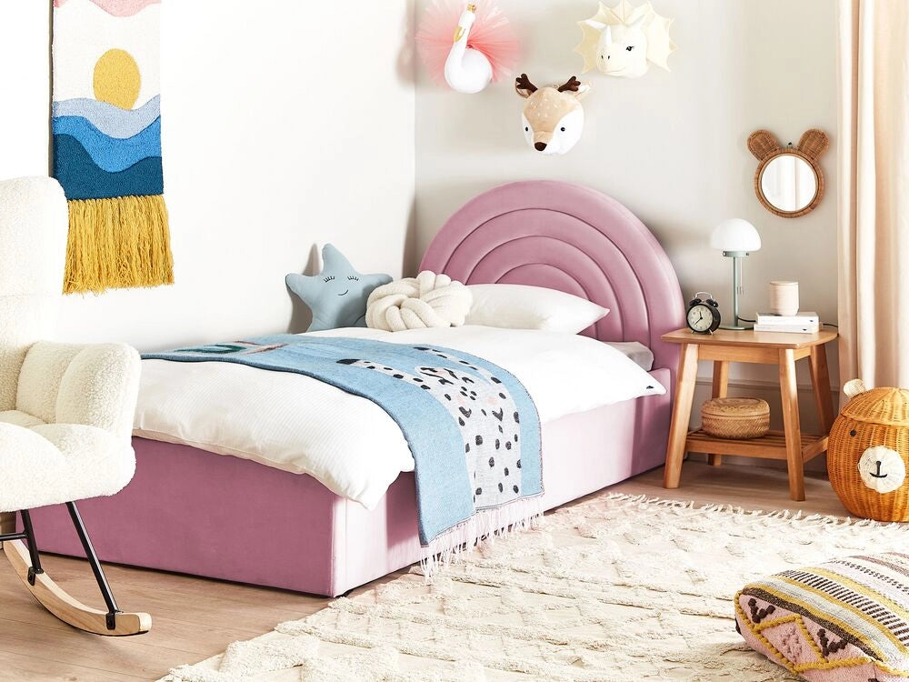 Letto con Contenitore in Velluto Rosa, Misura Singola 90 x 200 cm , Design Minimalista Retro con Testiera a Mezza Luna e Contenitore