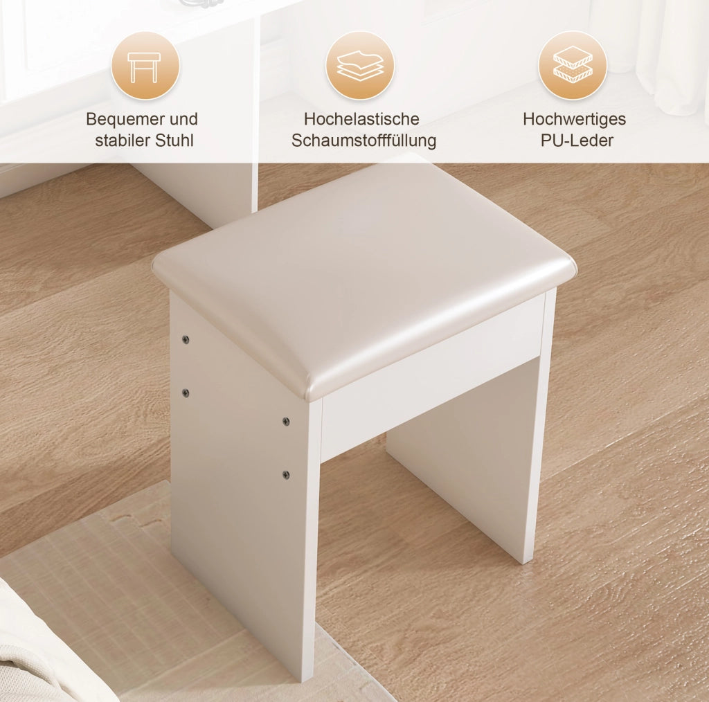 Tavolo da trucco moderno con specchio LED a 3 modalità; vani portaoggetti e sgabello imbottito; bianco