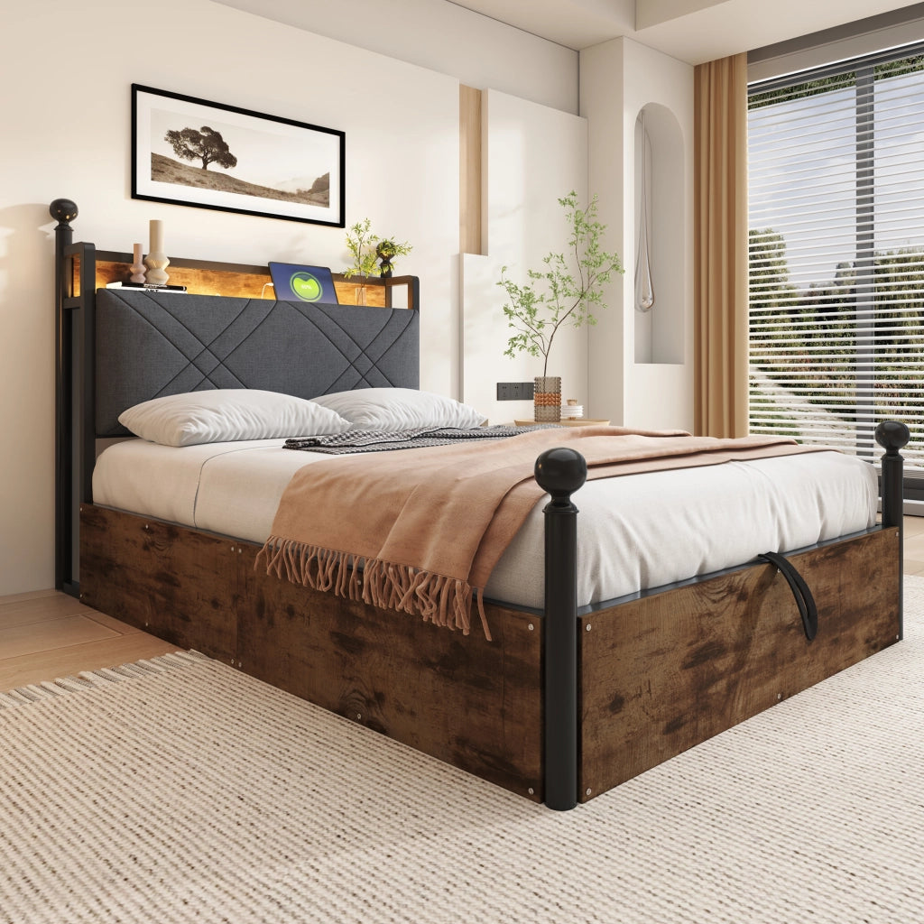 DESMIU Letto singolo 90 × 190 cm 1 posto con vano contenitore, LED, USB e Type-C, senza materasso, nero