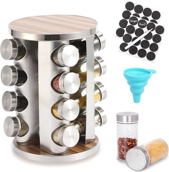 Carrello Rotante per Spezie con 16 contenitori in acciaio inossidabile - Organizzatore per Spezie con Rotazione 360 Gradi