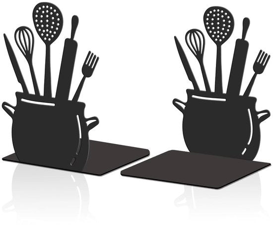 Sostegni per libri in metallo nero, 2 pezzi, design cucina, antiscivolo, 11 x 13,5 x 20 cm, libreria per libri di cucina