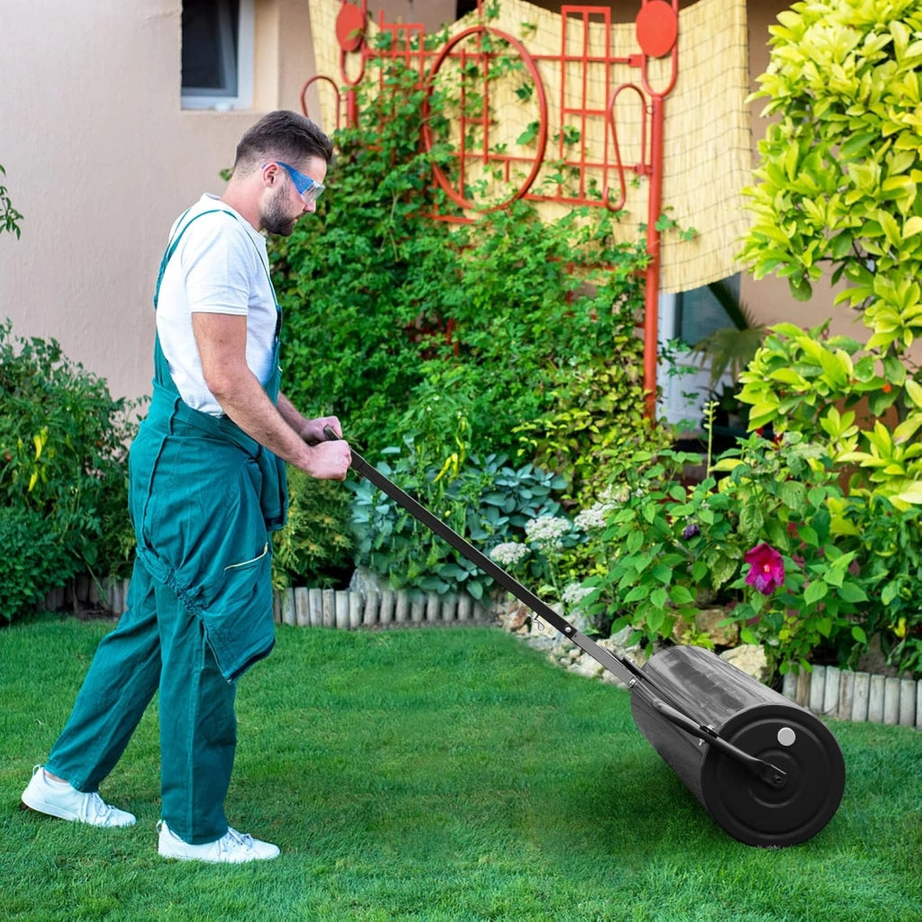 Rullo per Prato in Metallo, Rullo da Giardino Riempibile con 30 Litri di Acqua/Sabbia, con Gancio e Impugnatura Staccabile per Giardino, Prato, Parco e Fattoria (Nero)