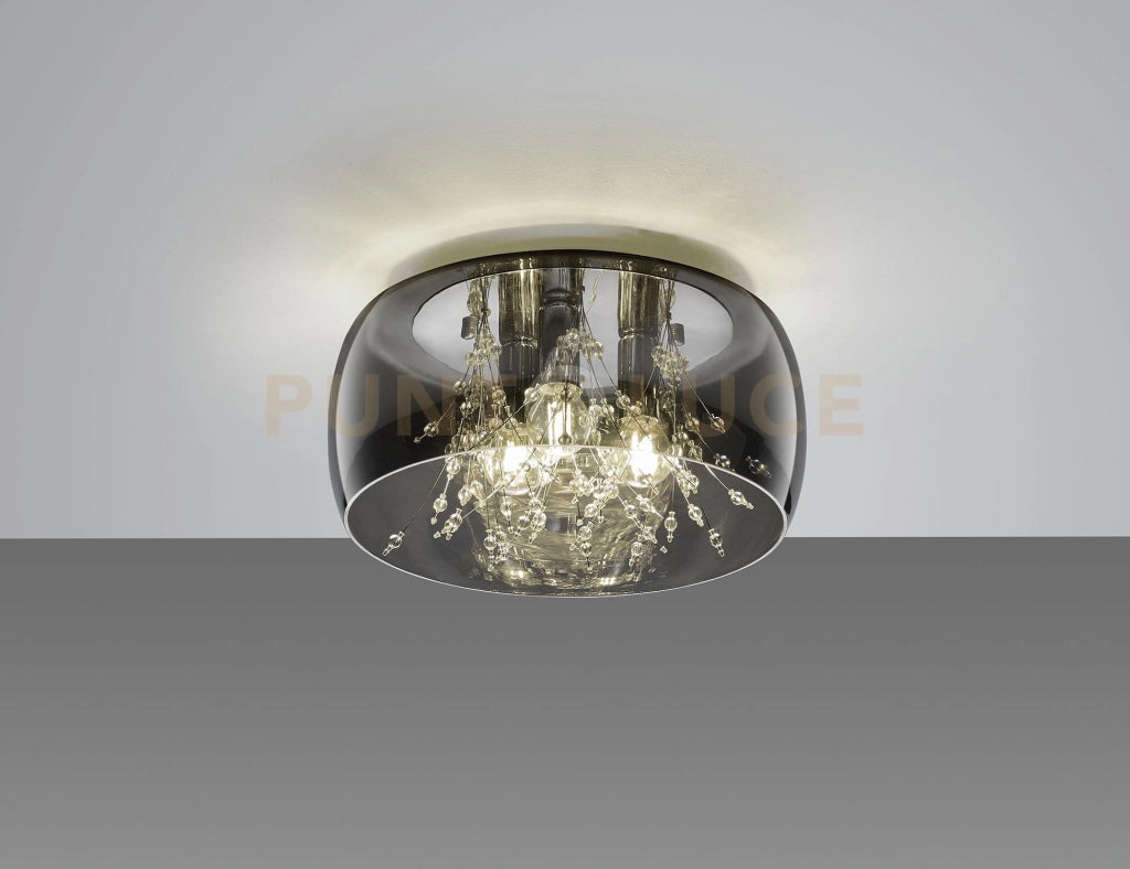 CRYSTEL PLAFONIERA METALLO CROMATO VETRO FUME' CROMATO CON DECORI EFFETTO CRISTALLO D. 34CM 3 LUCI ATTACCO E14