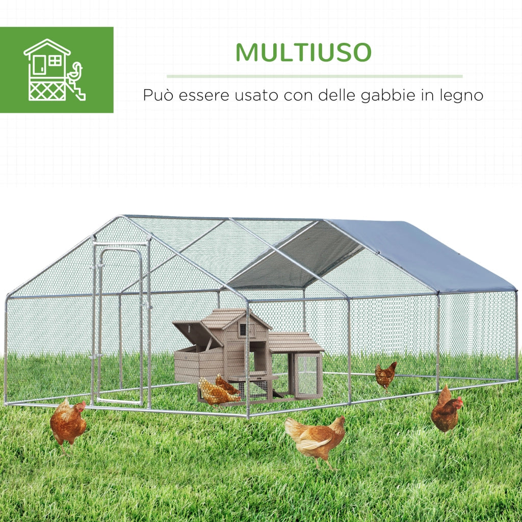 EasyComfort Pollaio per Galline da Esterno in Metallo con Copertura in Tessuto Oxford, 600x303.5x195 cm, Argento