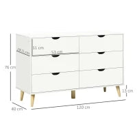 Cassettiera 6 Cassetti con Maniglie Laminate, in Legno di Pino, 120x40x76 cm, Bianca e color Legno