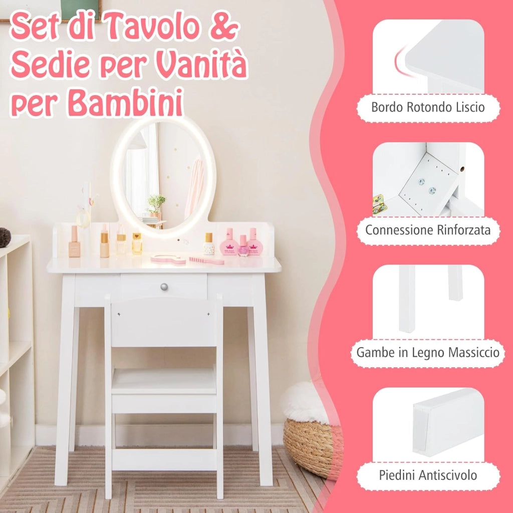 Set Toeletta per Bambini con Sgabello, Cassetti e Specchio Staccabile, Toeletta per Bambini in Legno, Con Luce Regolabile, Ideale per Bambini dai 3 ai 8 Anni, 60 x 35 x 96 cm
