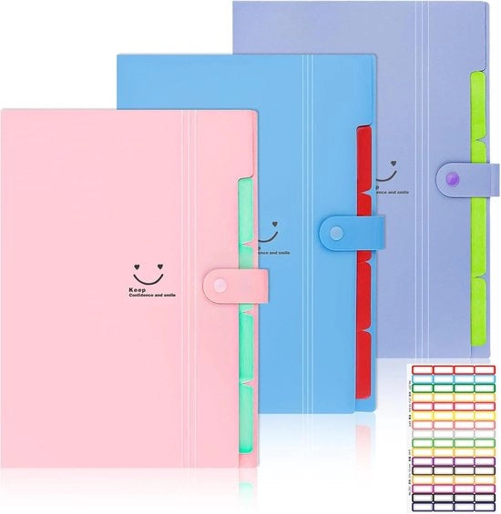 Set di 3 mappe A4, espandibile con 5 compartimenti, portatile, chiusura a gomito, organizzatore, sistema di mappe per ufficio scolastico