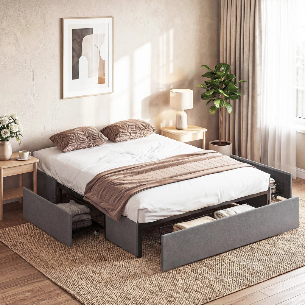 Letto contenitore matrimoniale imbottito con 3 cassetti e rete a doghe ¨C zephmum ¨C grigio 140x190 cm