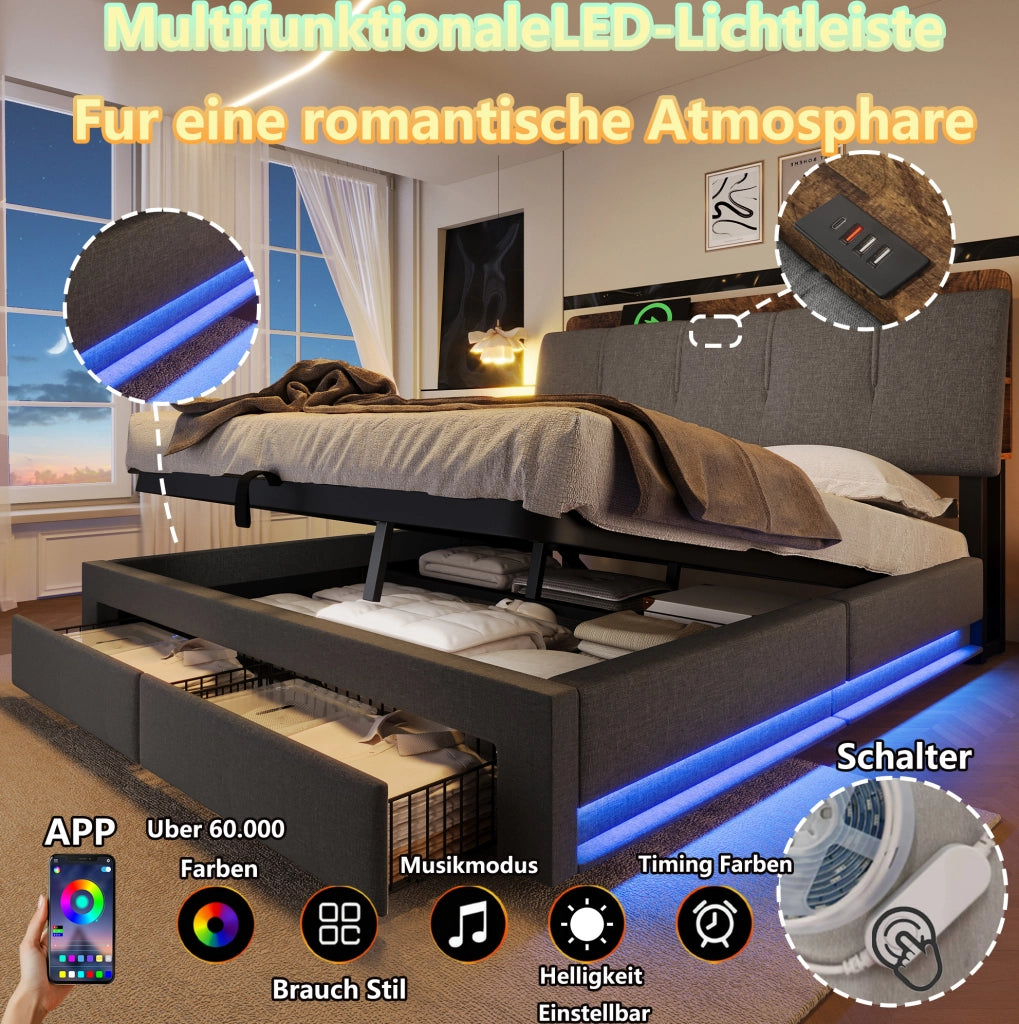 Letto imbottito 140x200 cm con contenitore, USB, LED e testiera con vani