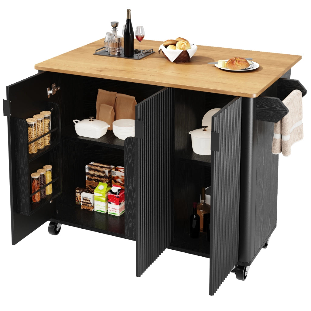 Carrello da Cucina con 3 Ante; Piano Pieghevole; Portaasciugamani e Ripiani Regolabili; in MDF; 130 x 45 (75) x 92 cm; Nero