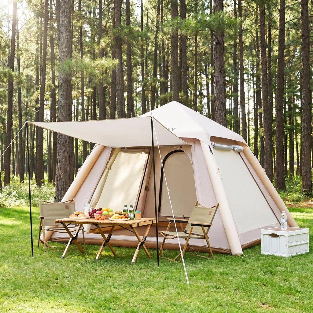 Tenda da Campeggio Gonfiabile, Tenda da Esterno Impermeabile per 2-4 Persone con 2 Porte e Finestre in Rete, Copertura Rimovibile, Pompa ad Aria e Borsa da Trasporto, per Viaggi e Escursionie